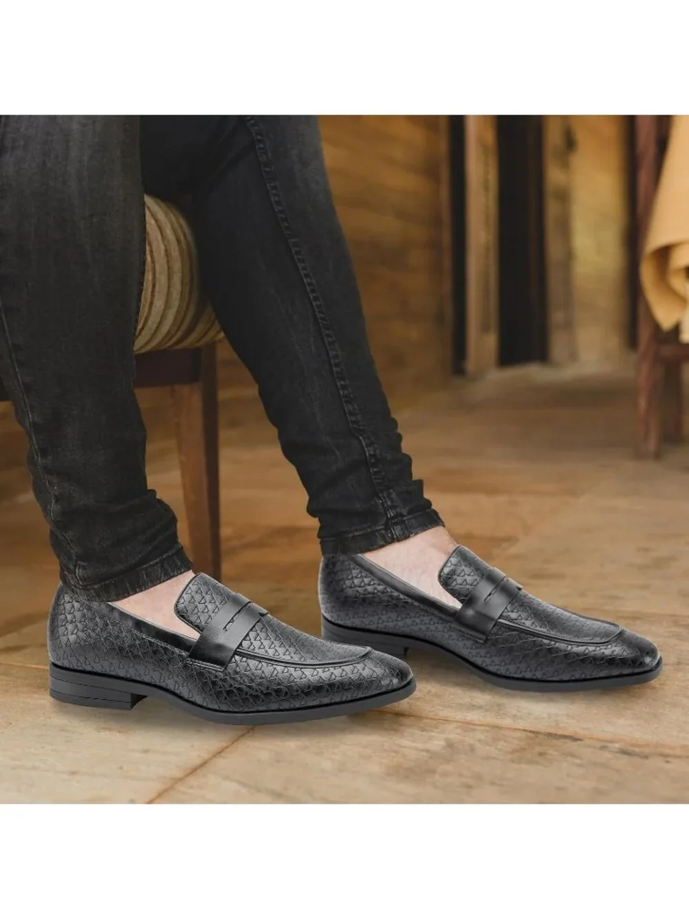 Men's Black42 Rubber Velvet Loafers Low Heels Round Toe Tuxedo Wedding Shoes